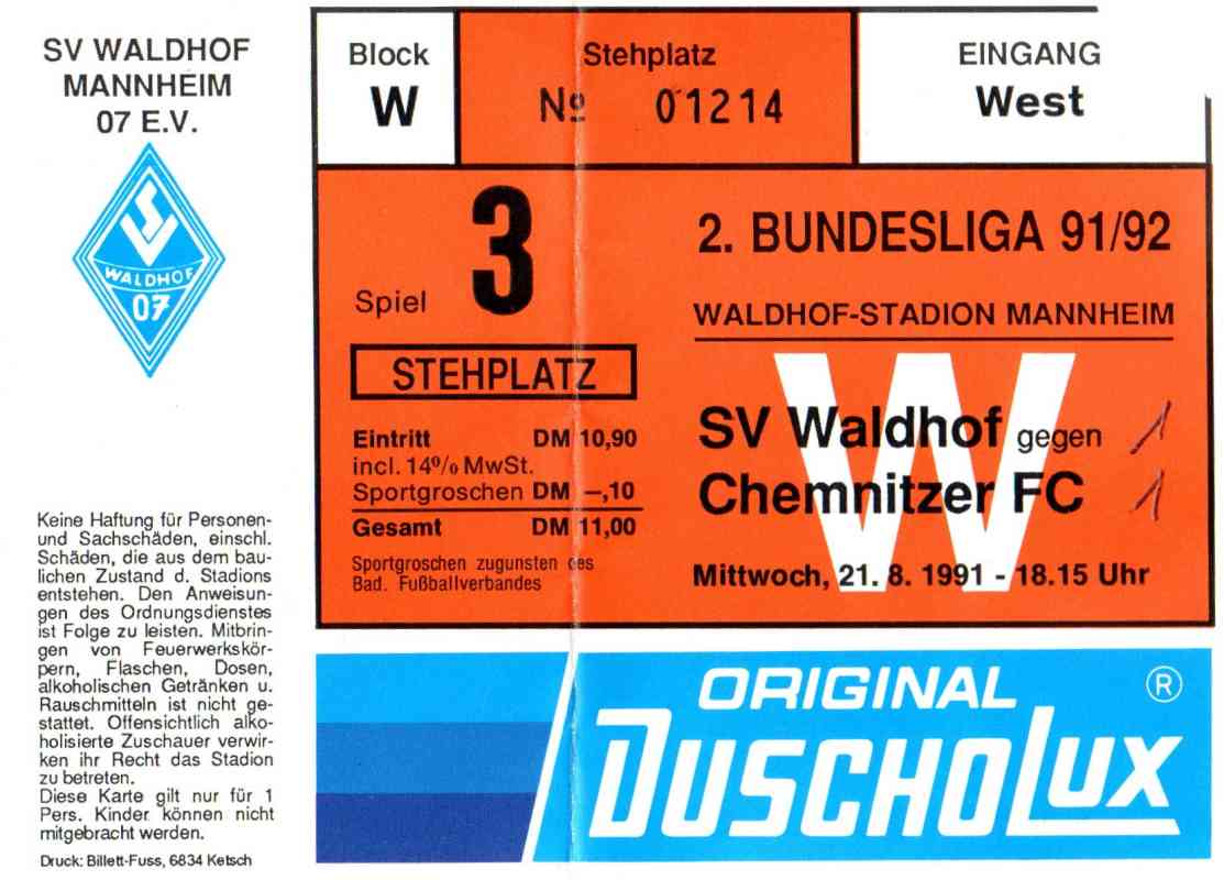 Karte Waldhof Mannheim Chemnitzer FC 21 August 1991.jpg