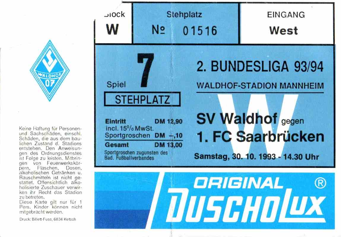 Karte Waldhof Mannheim 1 FC Saarbrücken 30 Oktober 1993.jpg