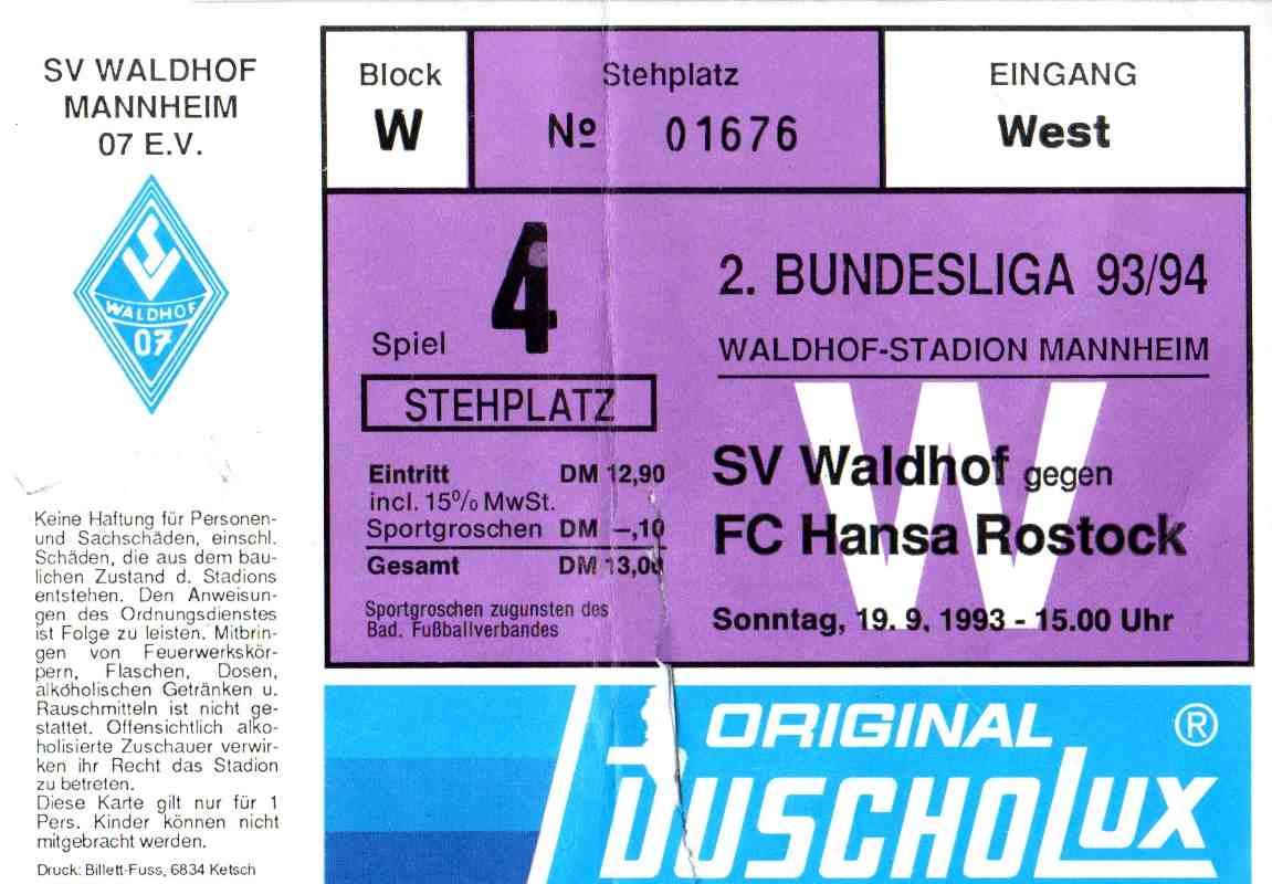 Karte Waldhof Mannheim FC Hansa Rostock 19 September 1993.jpg