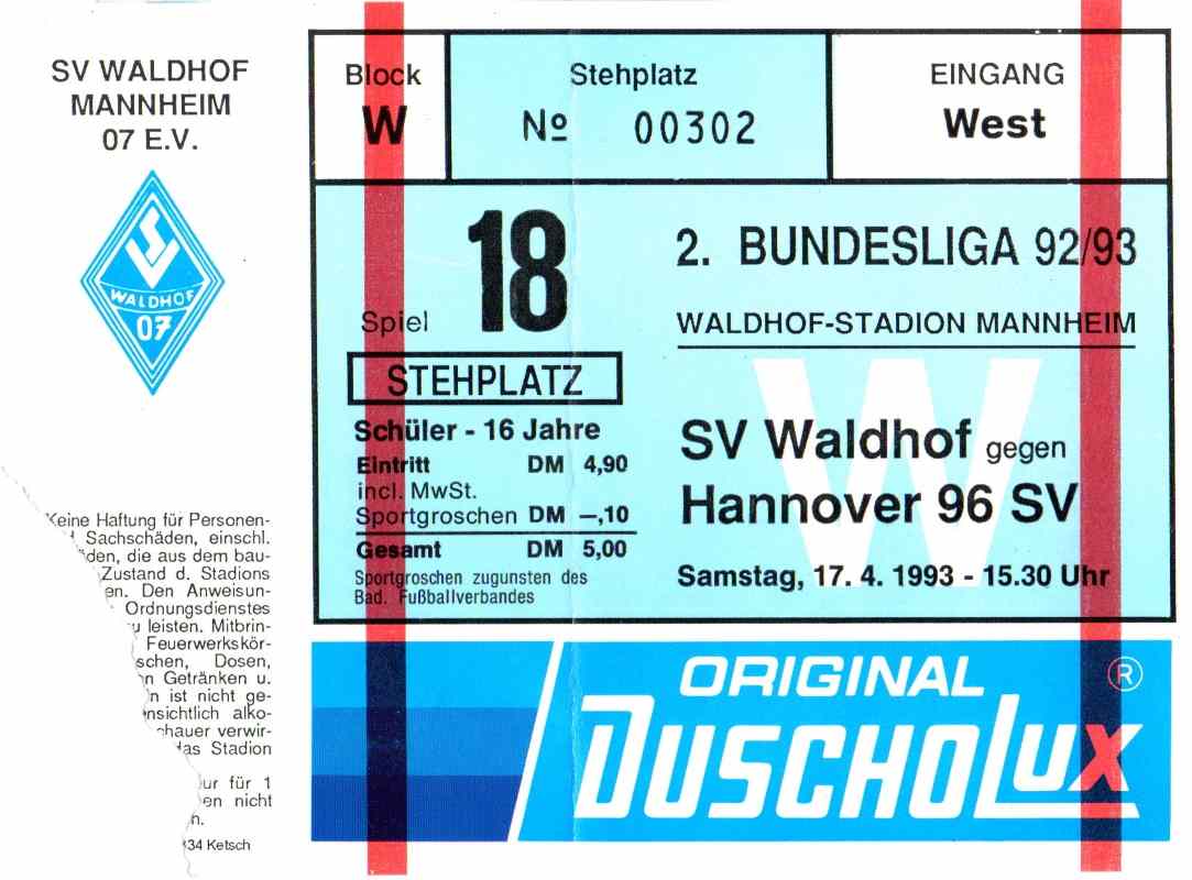 Karte Waldhof Mannheim Hannover 96 17 April 1993.jpg