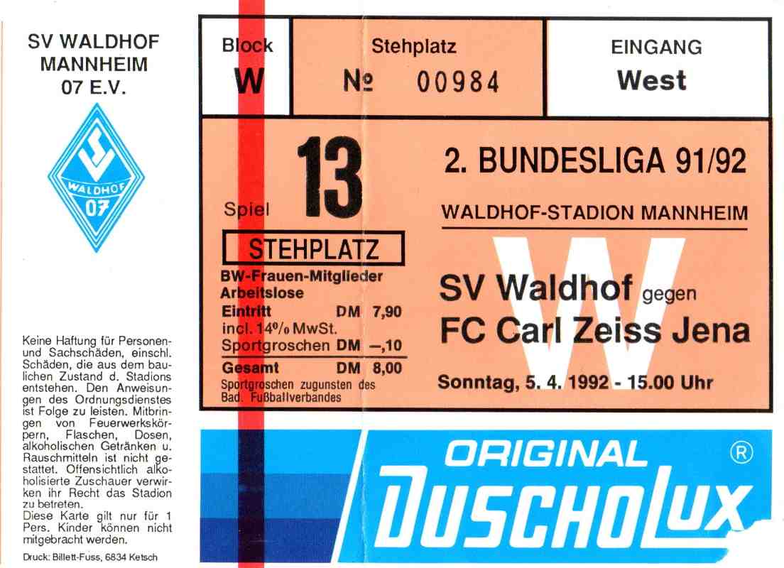 Karte Waldhof Mannheim FC Carl Zeiss Jena 4 April 1992.jpg