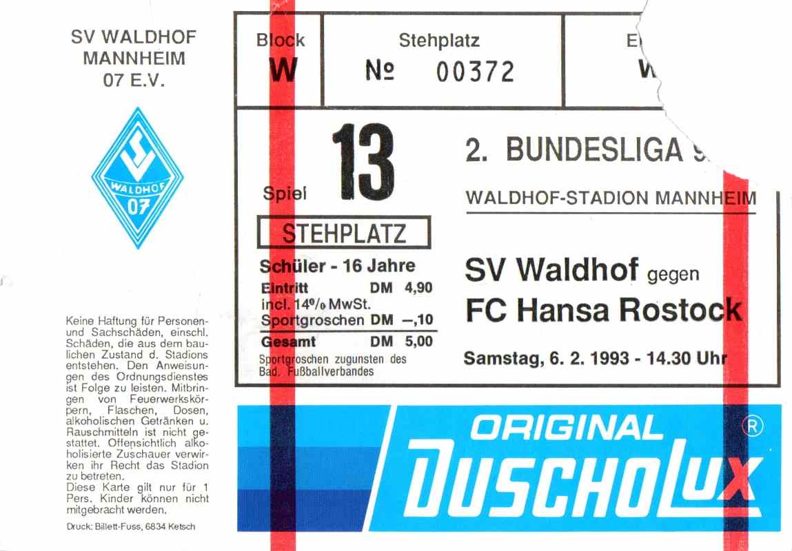 Karte Waldhof Mannheim FC Hansa Rostock 6 Februar 1993.jpg
