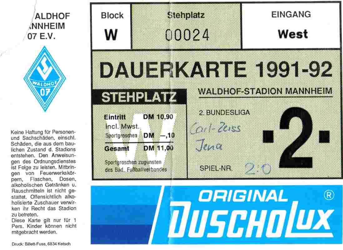 Karte Waldhof Mannheim FC Carl Zeiss Jena 10 August 1991.jpg