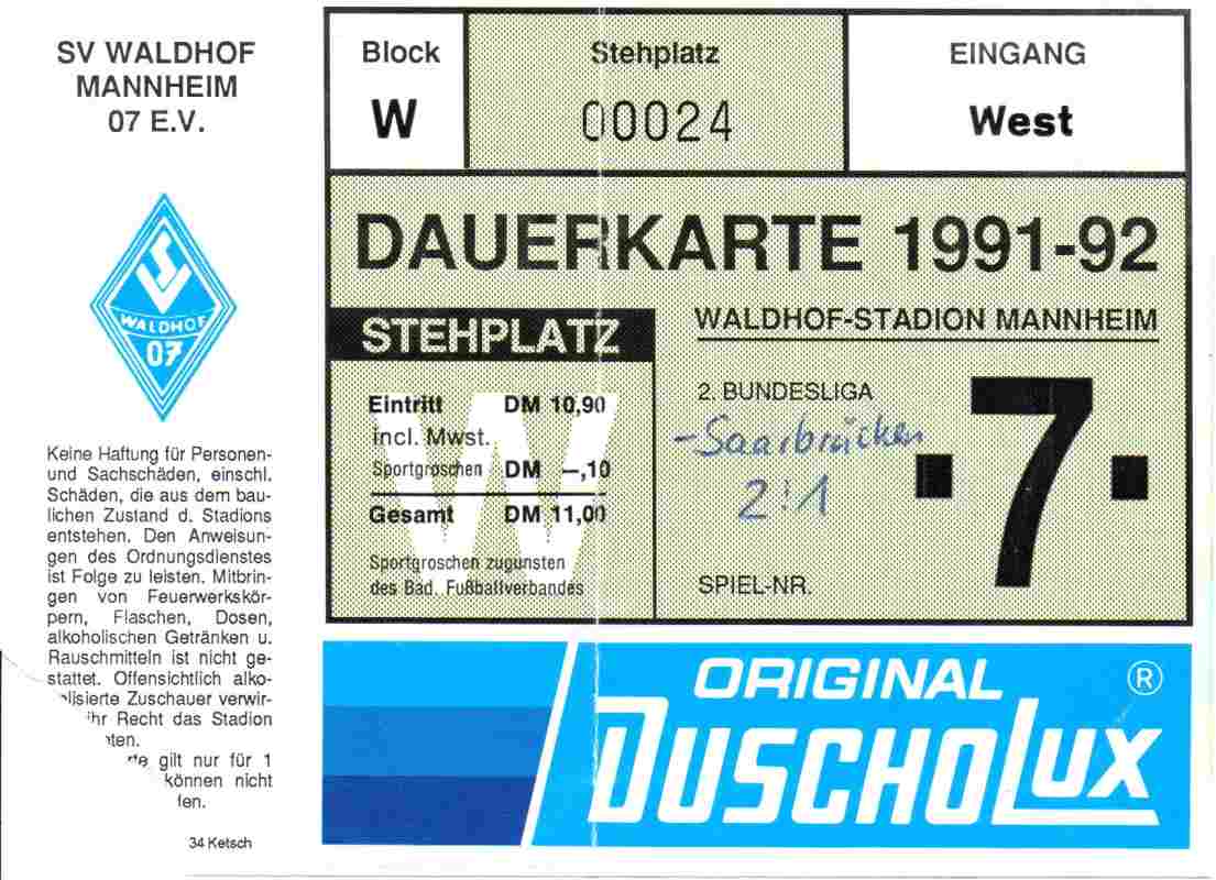 Karte Waldhof Mannheim 1 FC Saarbrücken 6 Oktober 1991.jpg