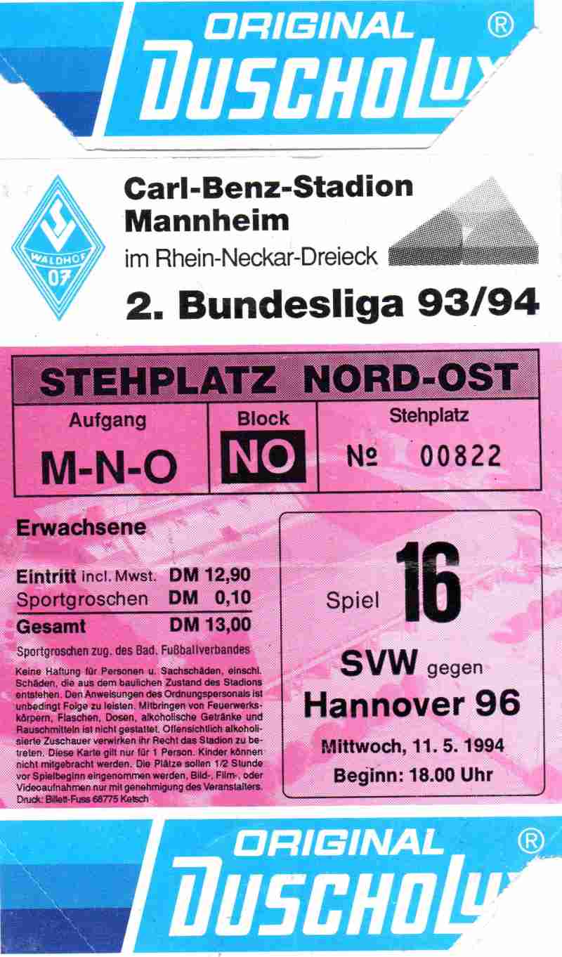 Karte Waldhof Mannheim Hannover 96 11 Mai 1994.jpg